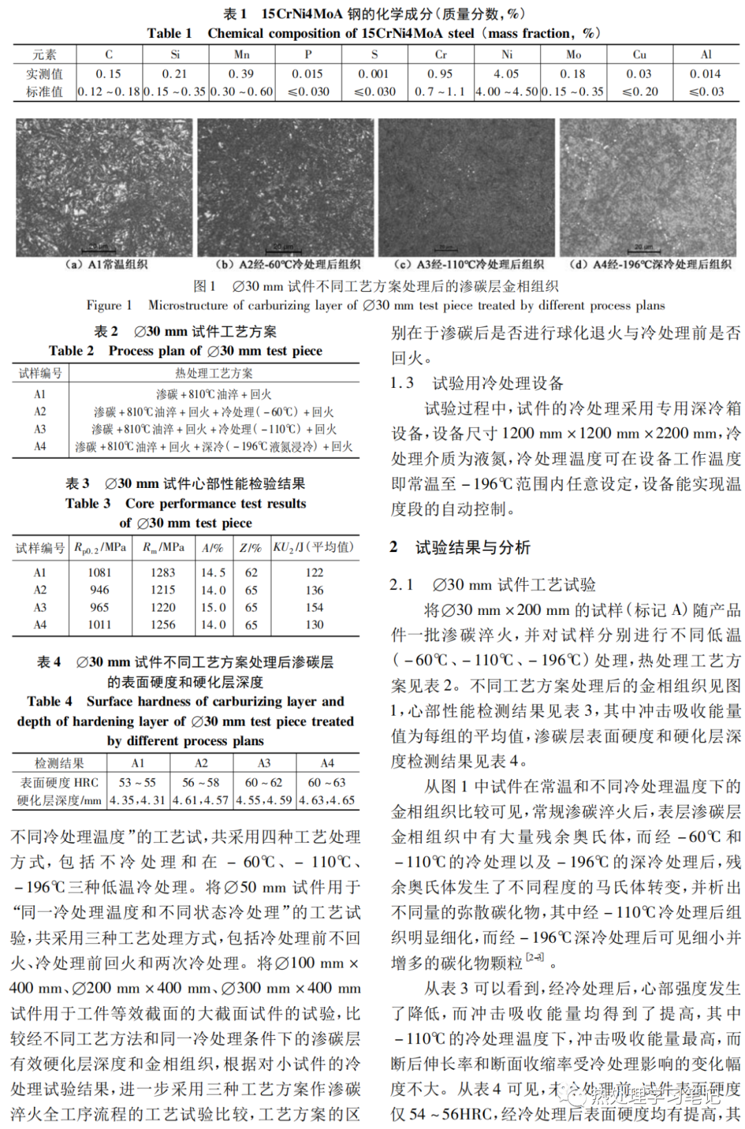 冷处理对15CrNi4MoA钢渗碳淬火组织及性能的影响-钢铁百科